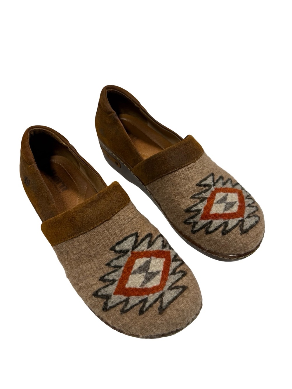 Born Womens 11 Mens 10 Brown leather Wool Southwestern Aztec Clogs Mules
